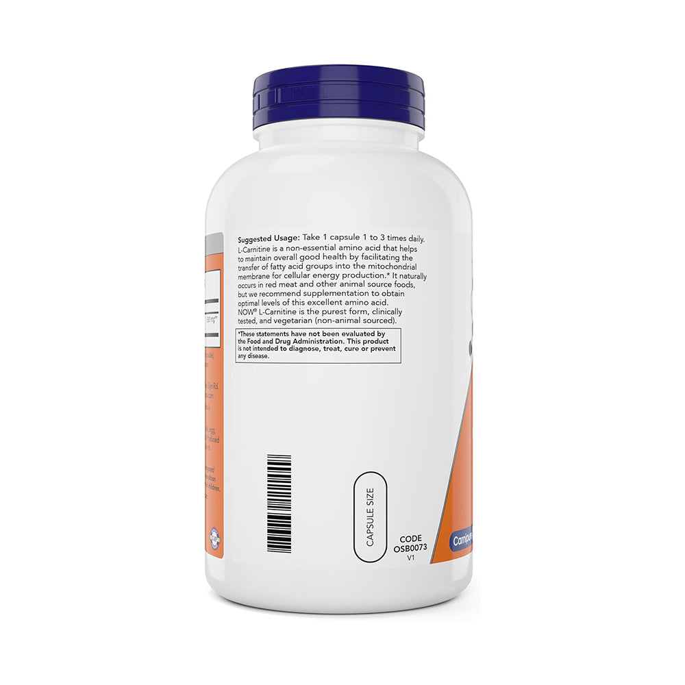 NOW Foods L-Carnitine 500 mg, 100 Veg Caps - Fitness Support- Amino Acid Health