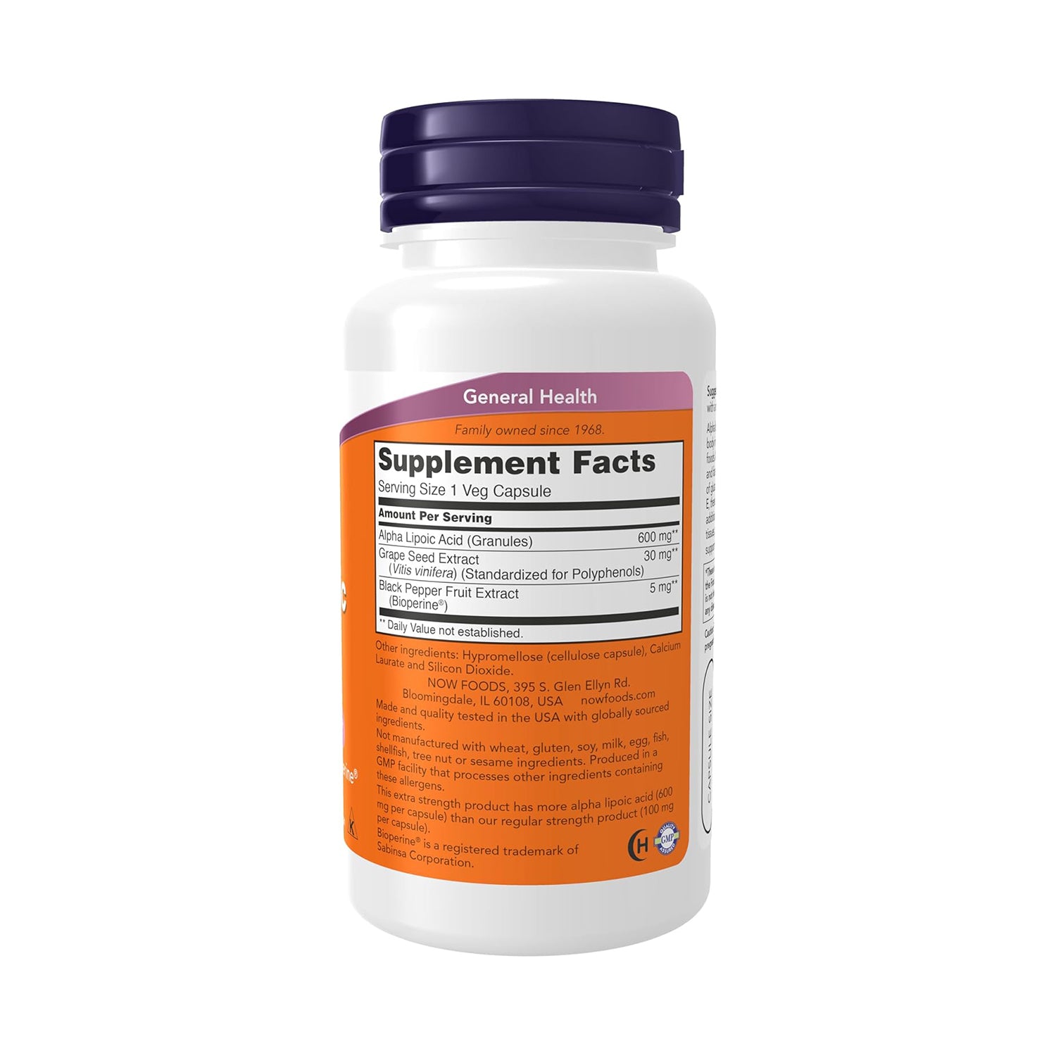 NOW Foods , Alpha Lipoic Acid 600 mg with Grape Seed Extract & Bioperine®, Extra Strength, 60 Count