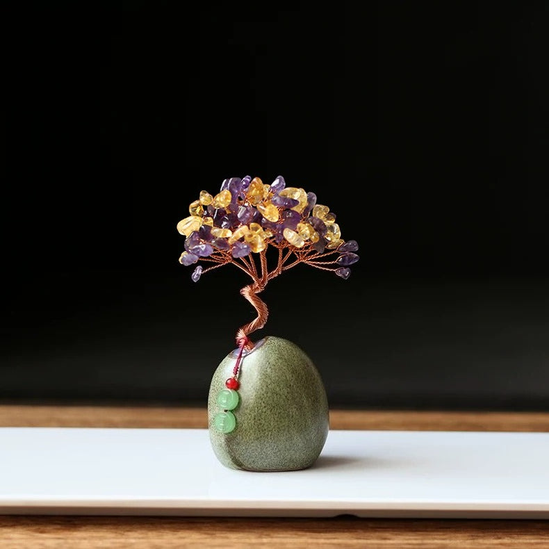 Natural Citrine Money Tree – Crystal Bonsai for Desk, Office & Tea Table Purple and yellow