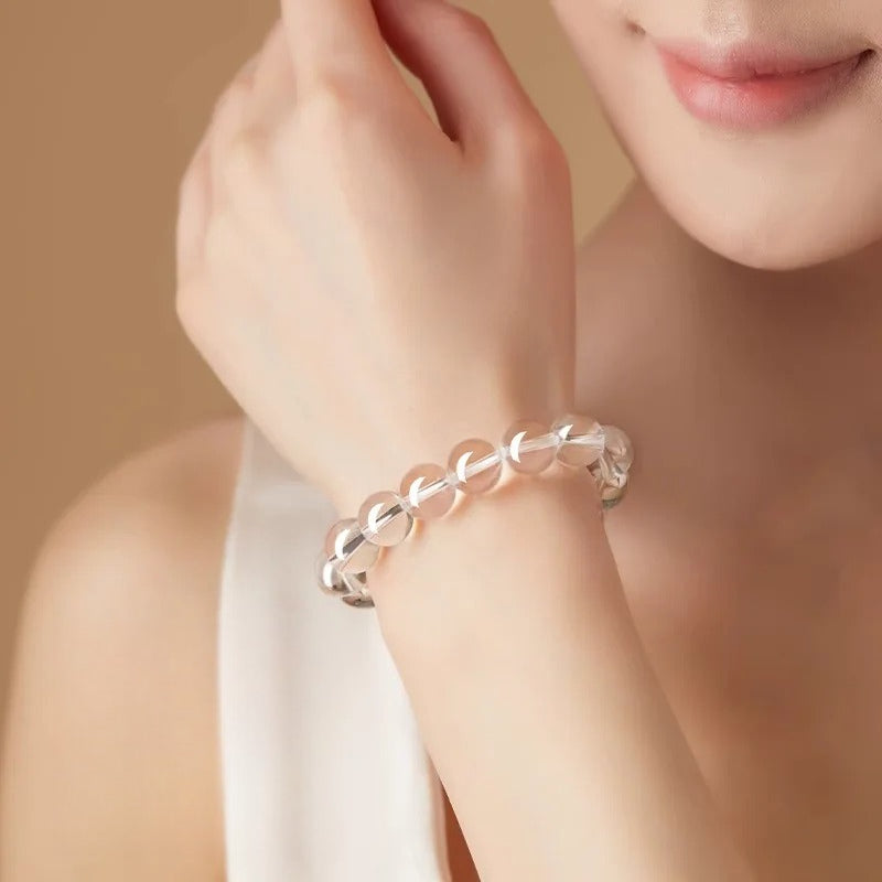 Natural Clear Quartz Bead Bracelet –Transparent White Crystal Stretch Strand, 6/8/10/12mm