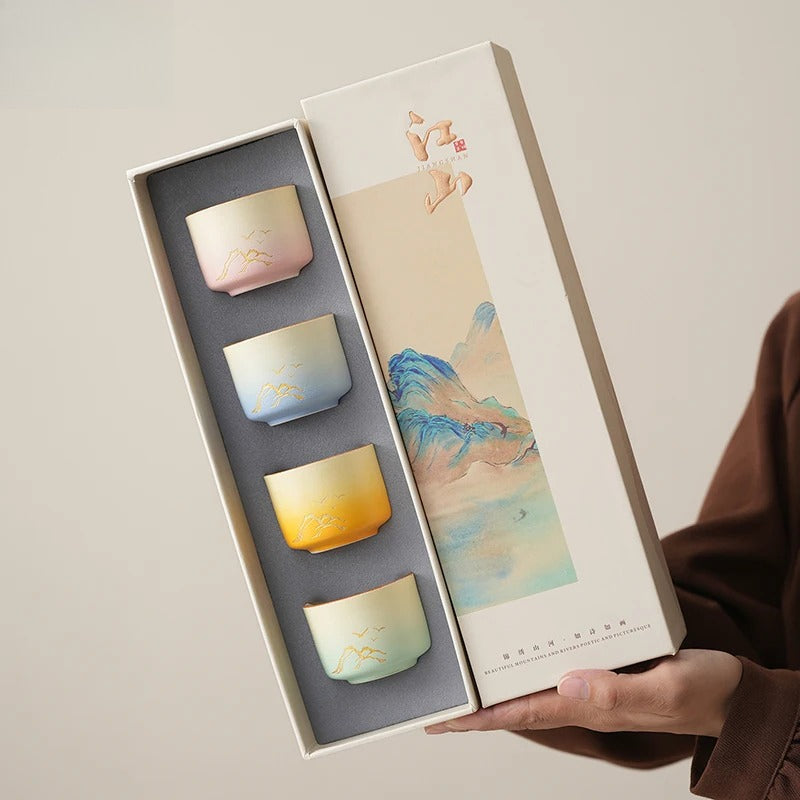 Oriental Aesthetic Tea Tasting Cup Set – 4 Ceramic Cups & Gift Box, High-End Practical Souvenir for Tea Lovers