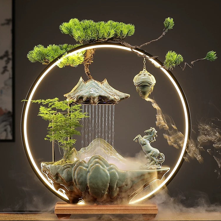 Flowing Water "High Mountain" Bonsai Fountain – Zen Tabletop Water Feature, Feng Shui Prosperity Gift Get rich immediately L-50*15*52cm