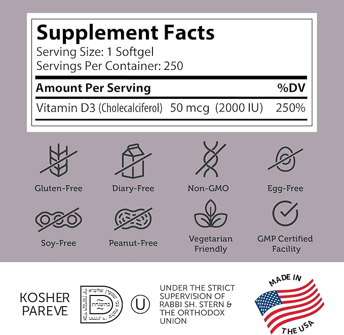 Zahler - Advanced Vitamin D3 2000 IU Softgels (250 Count) for Immune Support, Bone, Teeth & Muscle Health