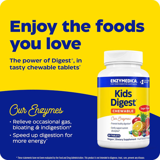 Enzymedica Kids Digest, Chewable Digestive Enzymes, Natural Fruit Punch Flavor, 90 Servings
