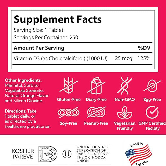 Zahler, Junior D3, Advanced Vitamin D3 Formula, Orange, 25 mcg (1,000 IU), 250 Chewable Tablets