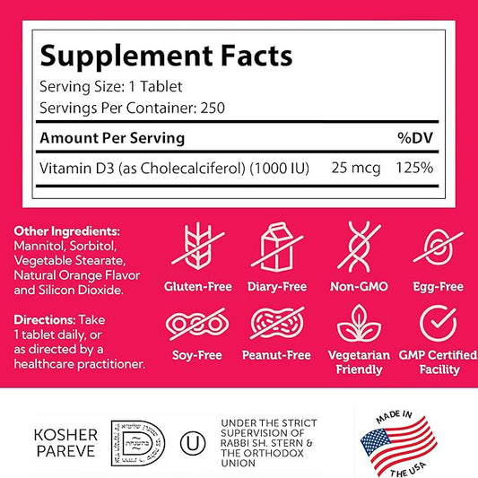 Zahler, Junior D3, Advanced Vitamin D3 Formula, Orange, 25 mcg (1,000 IU), 250 Chewable Tablets