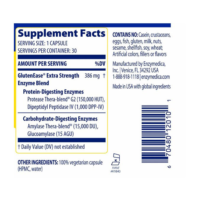 Enzymedica, GlutenEase Extra Strength, Maximum Potency Digestive Enzymes, Supports Gluten & Casein Intolerance, 30 Count