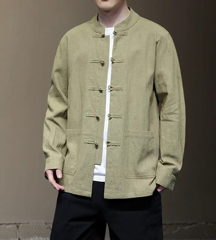 Ramie Stand Collar Men's Autumn Chinese Style Retro Long Sleeved Cotton Linen Shirt