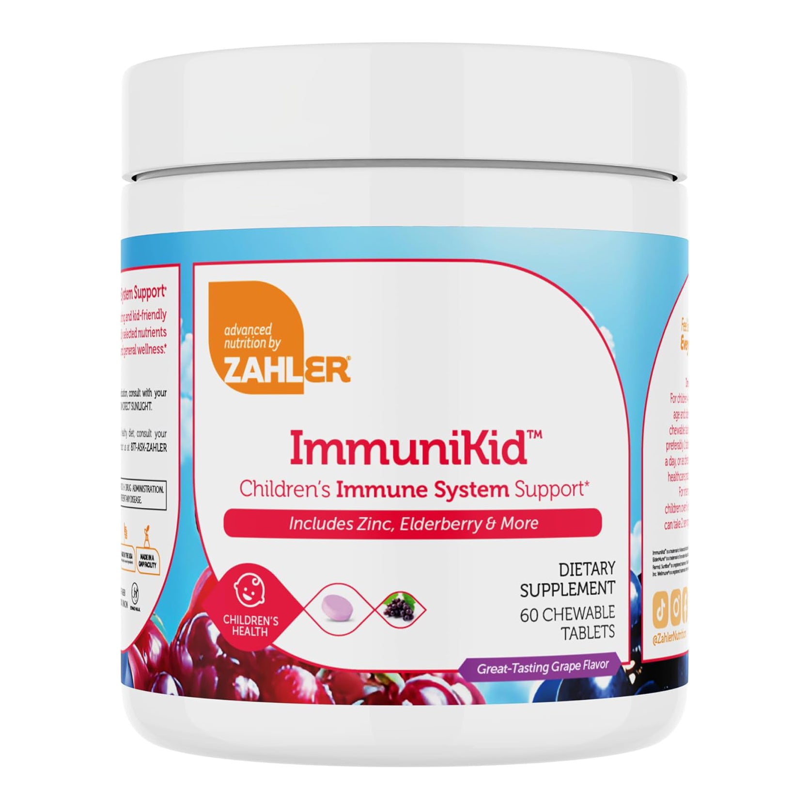 Zahler Kids Immune Support Supplement with Elderberry, Zinc and Vitamin C D3 A - Grape Flavored Chewable Tablets 60 Count