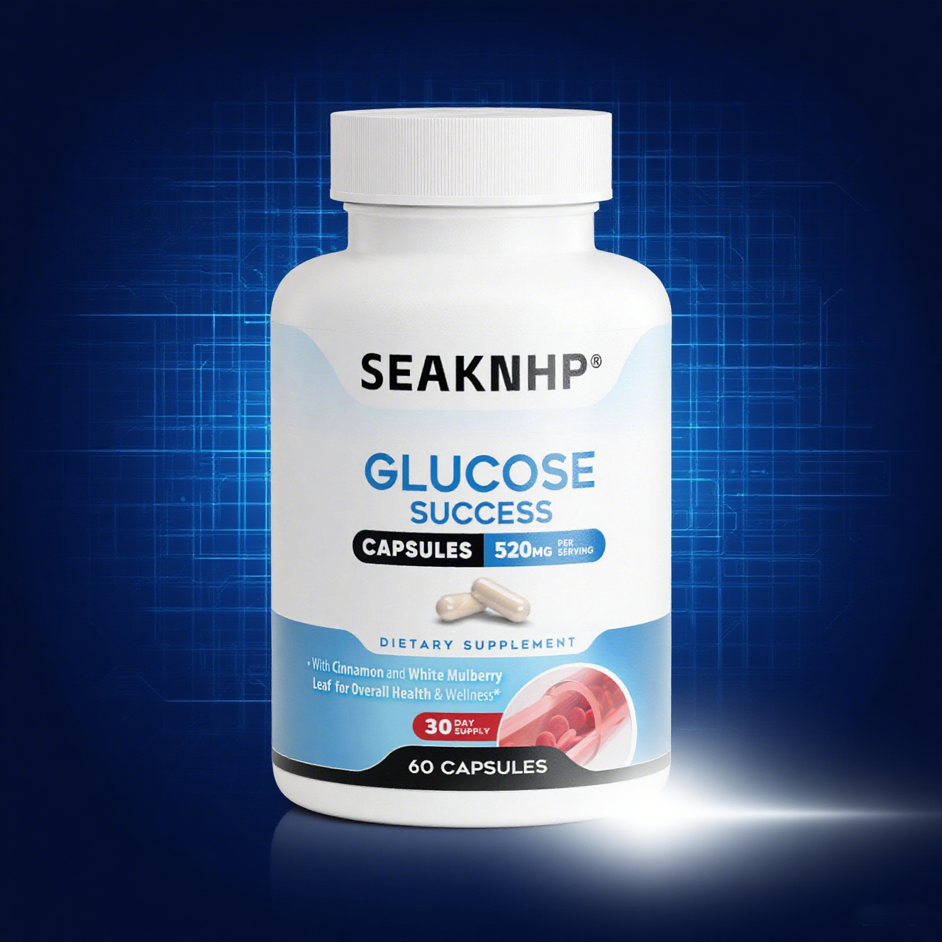 Normal blood sugar supports 60 capsules containing vitamin biotin, magnesium, zinc, manganese, and ascorbic acid, supporting healthy glucose metabolism and insulin sensitivity