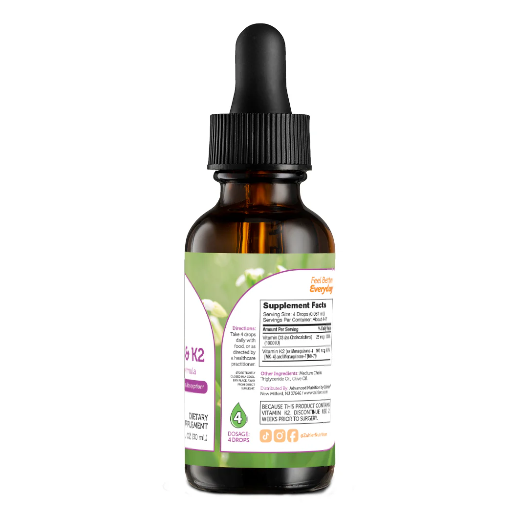 Zahler Vitamin D3 K2 Drops, Liquid D3 with K2 Supports Bone Density and Calcium Absoprtion, 1Fl Oz.