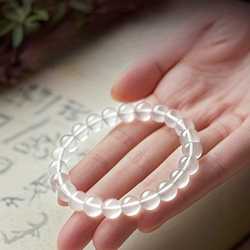 Natural Clear Quartz Bead Bracelet –Transparent White Crystal Stretch Strand, 6/8/10/12mm