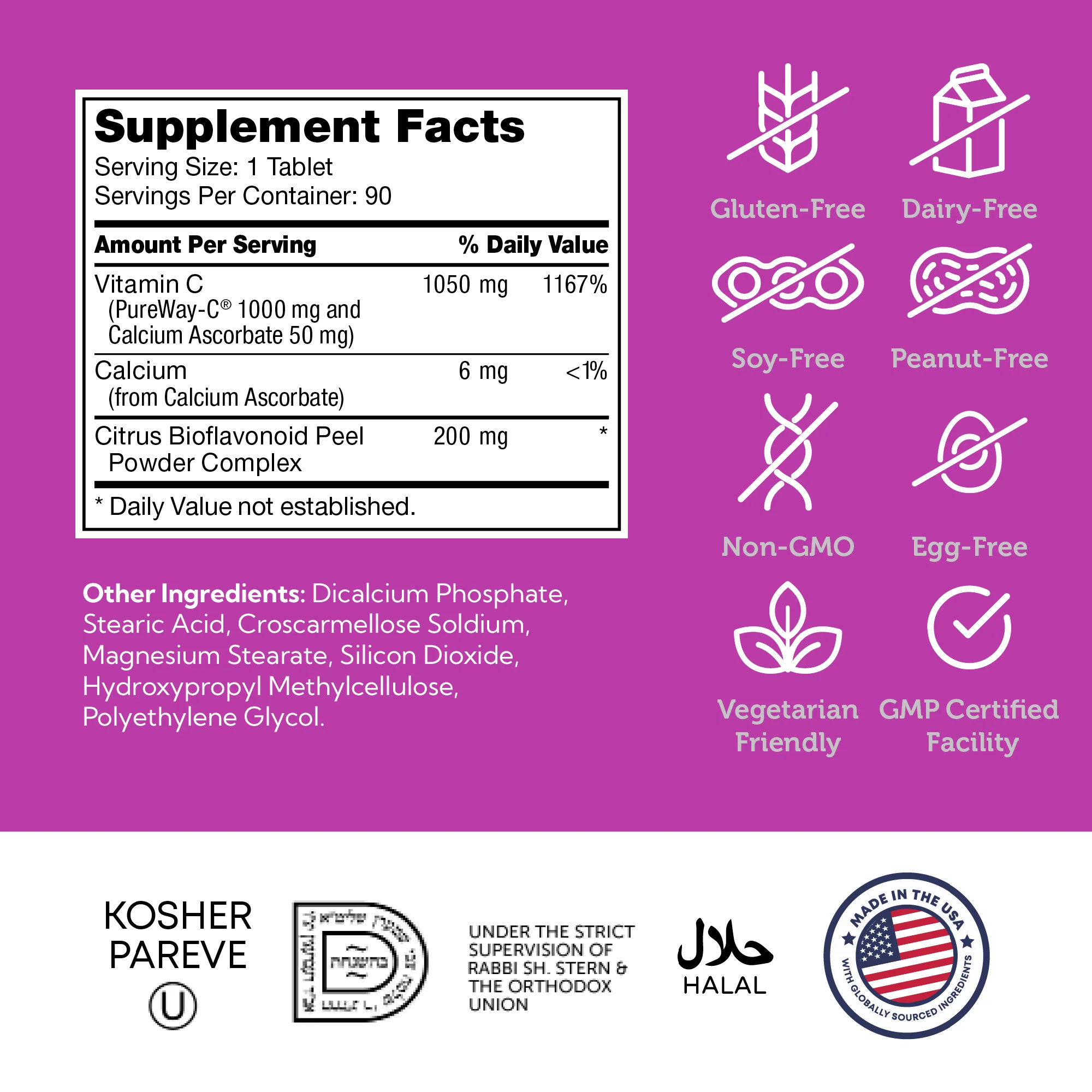 Zahler PureWay-C Vitamin C and Bioflavonoids, 1,000 mg, 90 Tablets