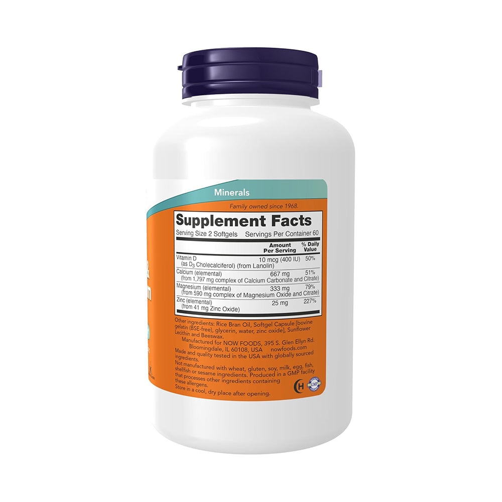 NOW Foods Supplements, Calcium & Magnesium with Vitamin D-3 and Zinc, Supports Bone Health*, 120 Softgels