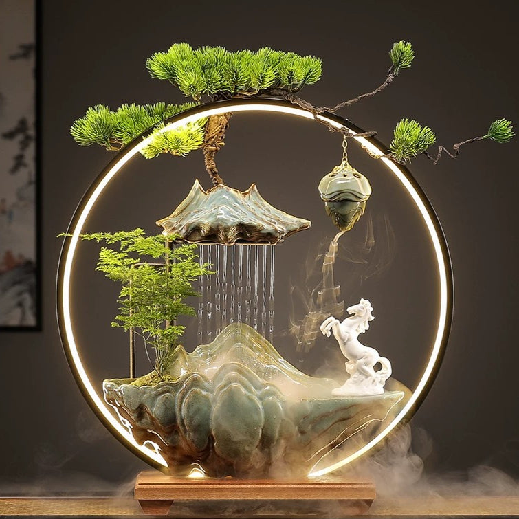 Flowing Water "High Mountain" Bonsai Fountain – Zen Tabletop Water Feature, Feng Shui Prosperity Gift May you achieve your goal! L-50*15*52cm
