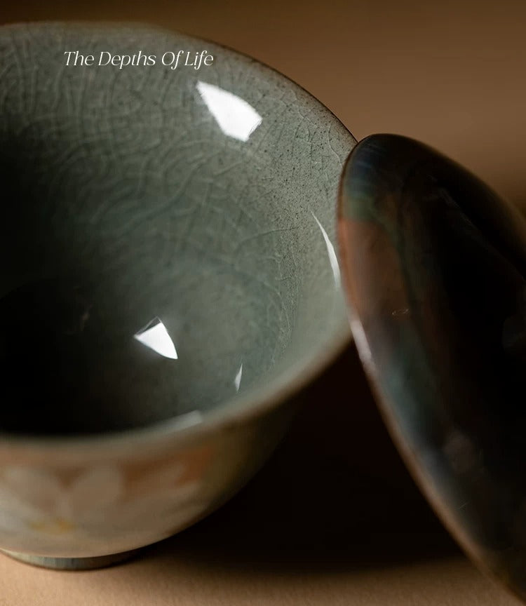 Hand-Painted Daisy Gaiwan 100ml – Rustic Ceramic 2-Piece Lid Bowl, Japanese Vintage Style