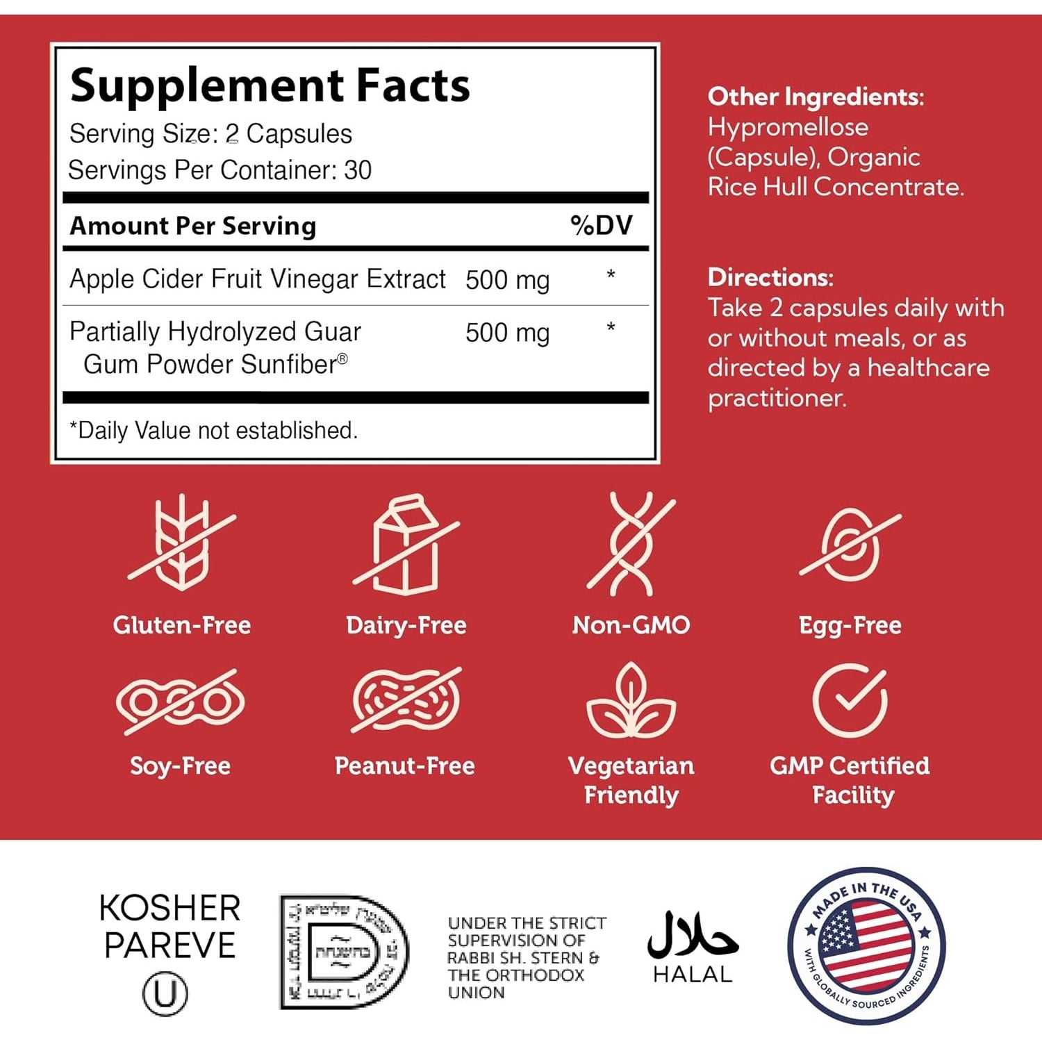 Zahler Apple Cider Vinegar Capsules with Fiber Supplement - Cleansing, Digestive and Metabolic Support 60 Count