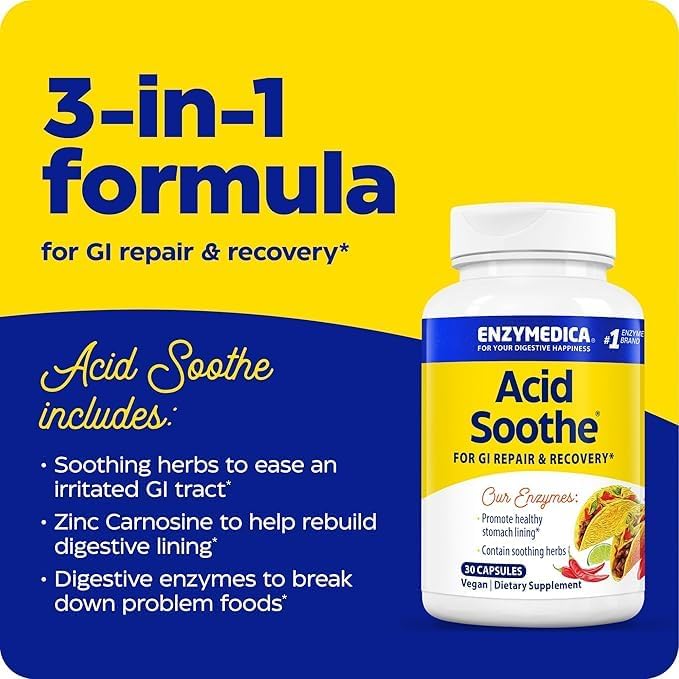 Enzymedica, Acid Soothe, Support for Occasional Heartburn, 3-in-1 Formula with Enzymes & Soothing Herbs, 30 Count