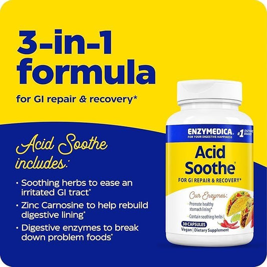 Enzymedica, Acid Soothe, Support for Occasional Heartburn, 3-in-1 Formula with Enzymes & Soothing Herbs, 30 Count