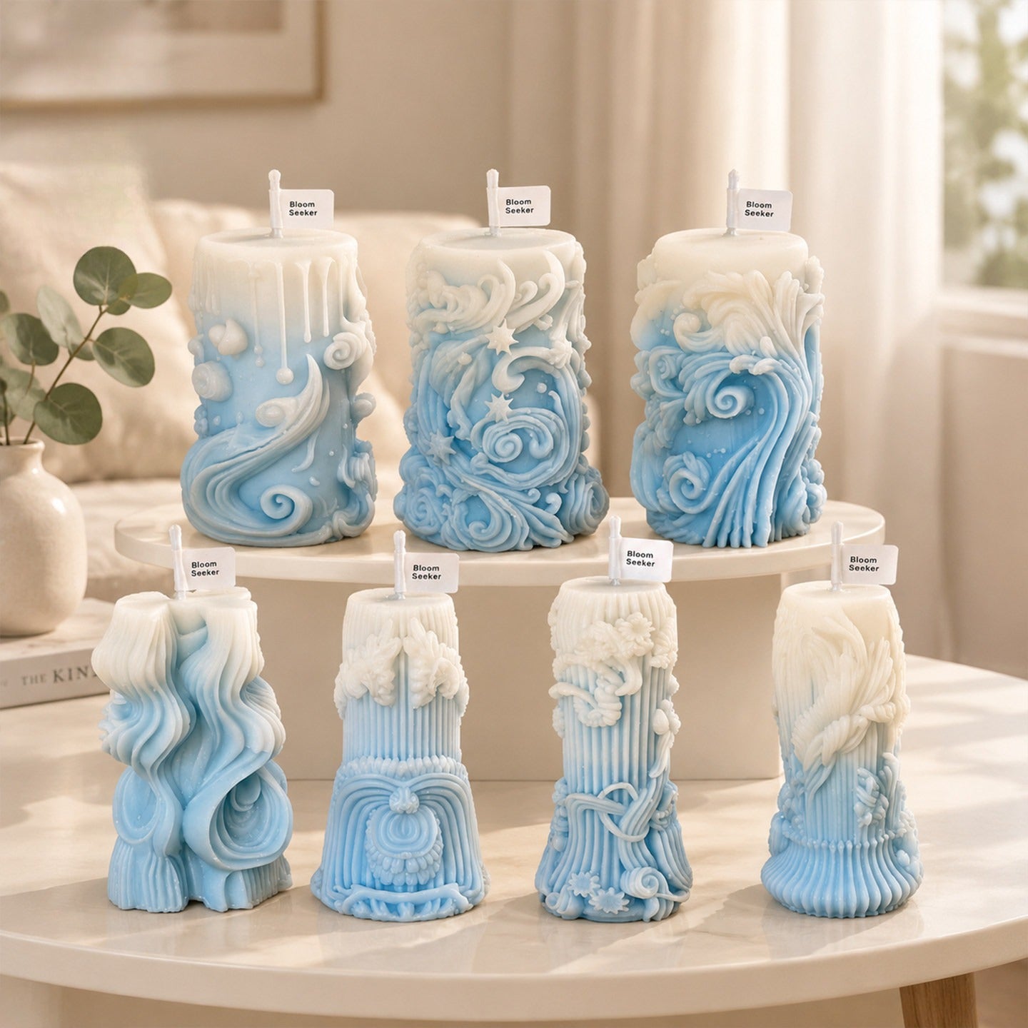 Handmade Bluebell Scented Candles – Blue & White Gradient Sets of 7 Bluebell 7 Candles