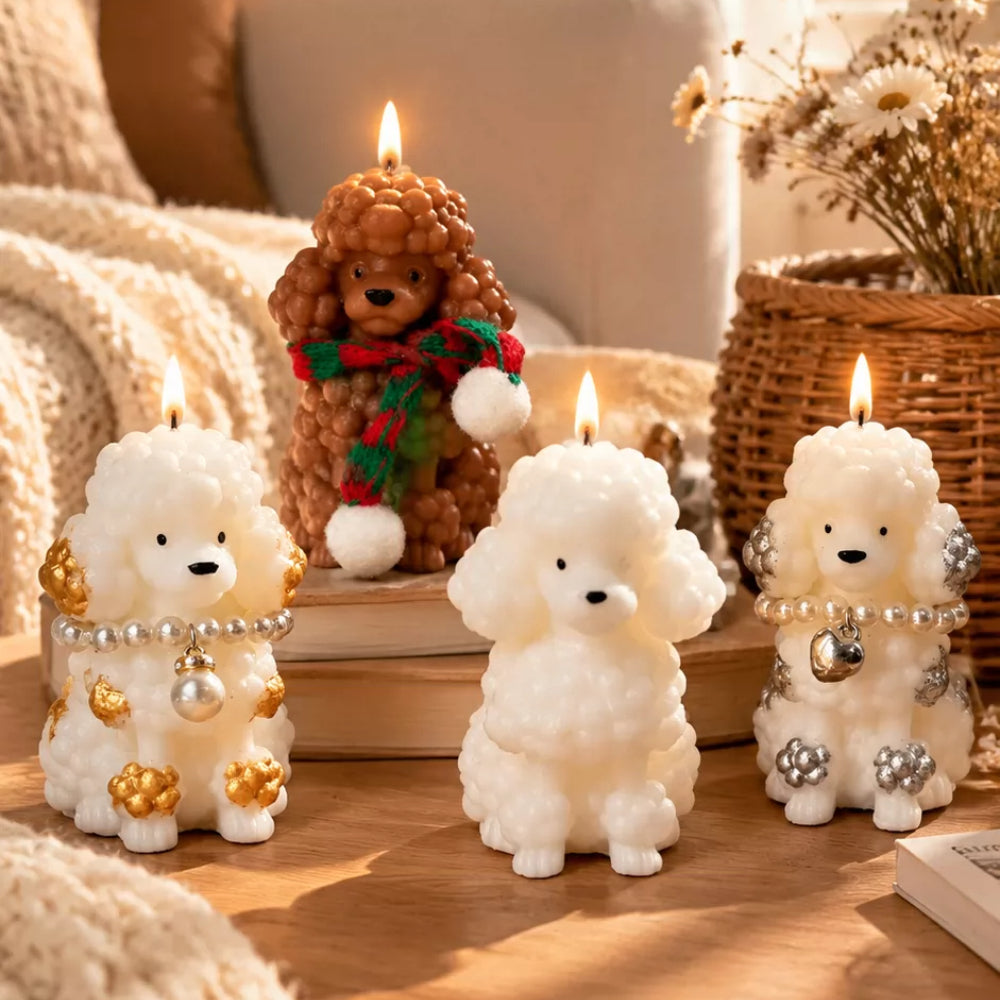 Adorable Poodle Dog Candle – Cartoon Animal Decor, Perfect Birthday/Party Favor English Pear & Freesia 4 pcs