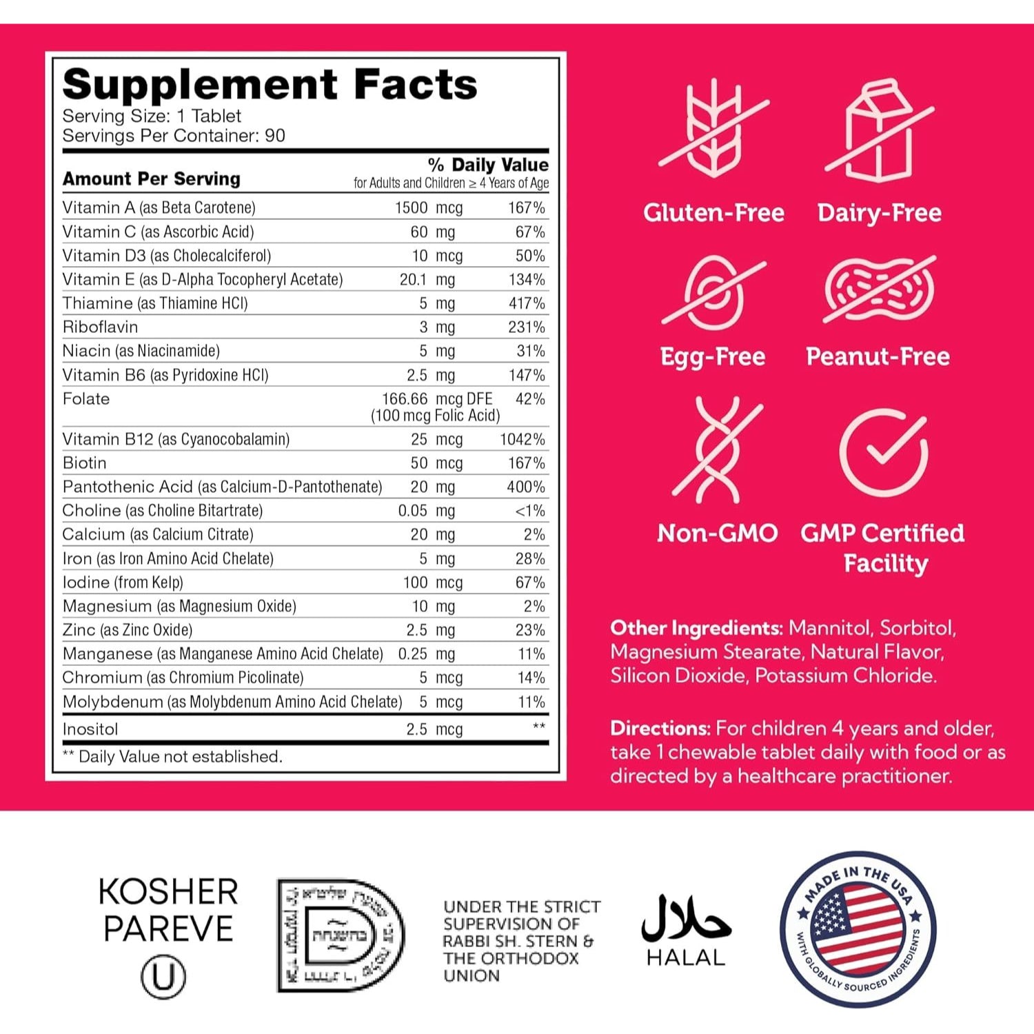 Zahler Kids Multivitamin Chewable Vitamin Tablet Contains 20+ Minerals & Vitamins for Kids & Toddlers-Cherry Flavor (90)