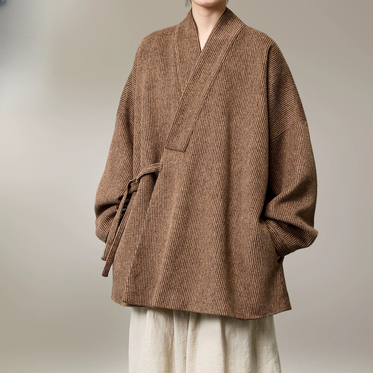 Unisex Autumn/Winter Chinese Layman's Robe – Mid-Length Loose Taoist Gown, Zen Meditation & Tea Ceremony Clothing Brown