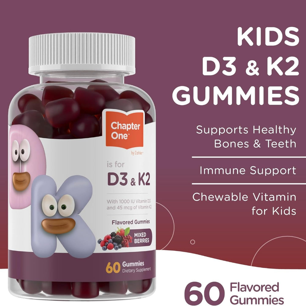 Zahler Chapter One Vitamin D3 K2 Gummies, Contains 1000IU of Vitamin D3 and 45MCG of Vitamin K2 60 Gummies