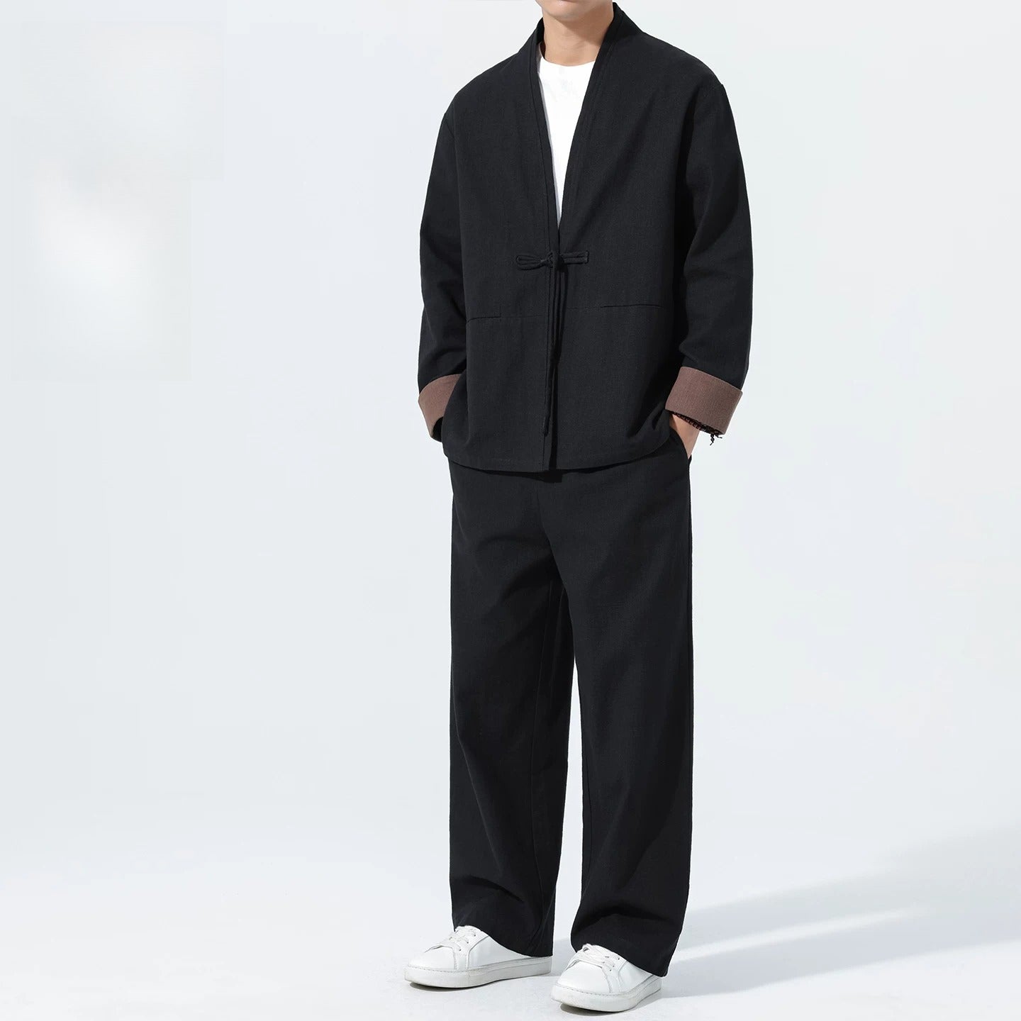 Large Size Men's Cotton Linen Kung Fu Uniform – Traditional 2-Piece Tang Suit for Tai Chi, Meditation & Daily Wear Black Suit