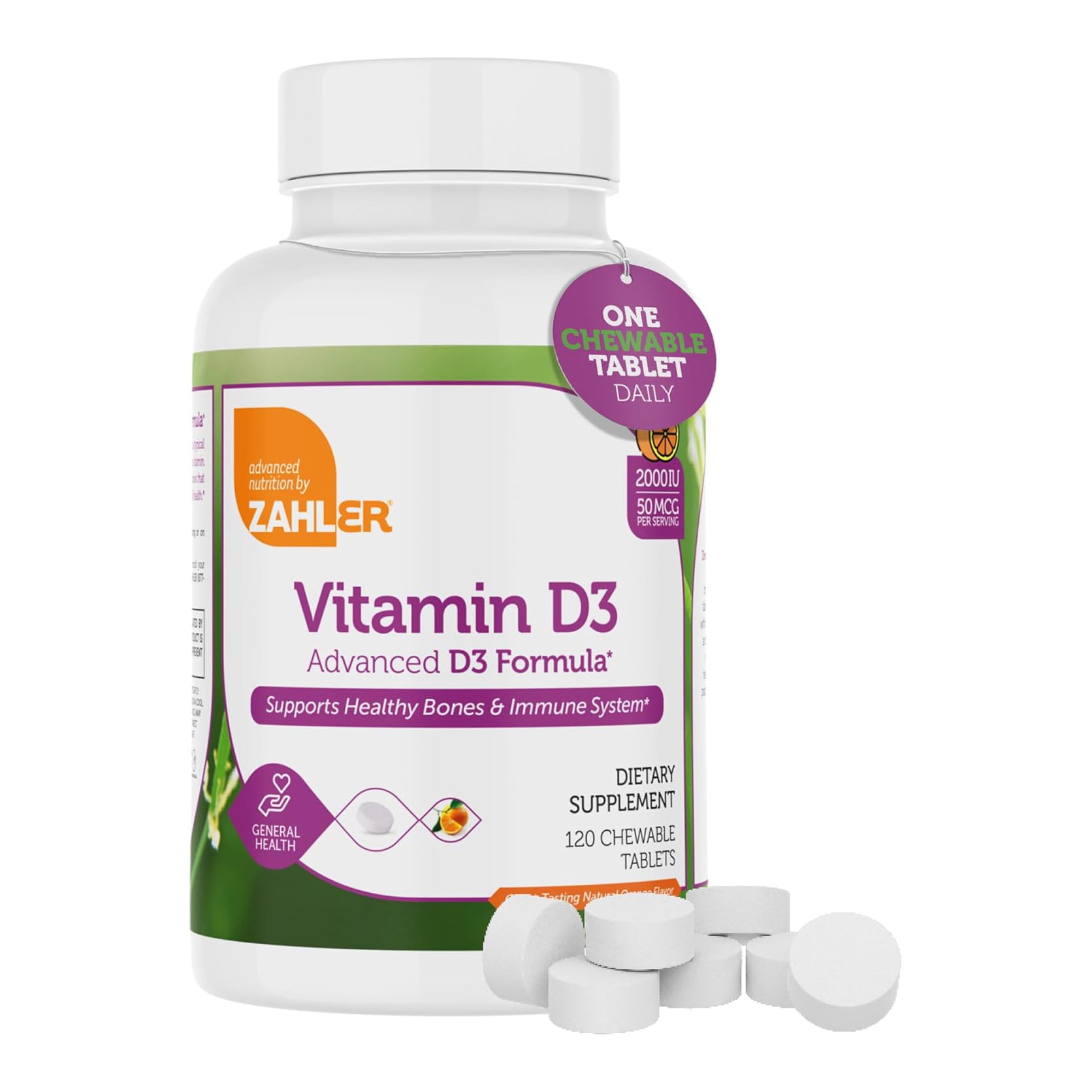 Zahler Vitamin D3 CHEWABLE 2000IU Certified Kosher, 120 Great Tasting Orange Flavored Tablets