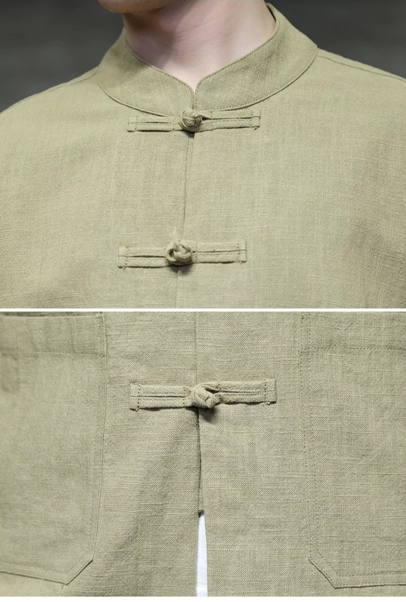 Ramie Stand Collar Men's Autumn Chinese Style Retro Long Sleeved Cotton Linen Shirt
