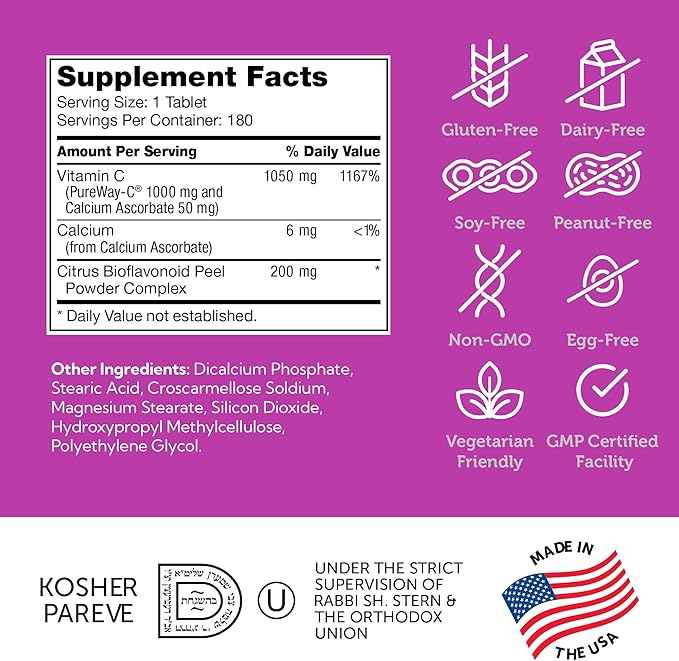 Zahler PureWay-C Vitamin C and Bioflavonoids, 1,000 mg, 180 Tablets
