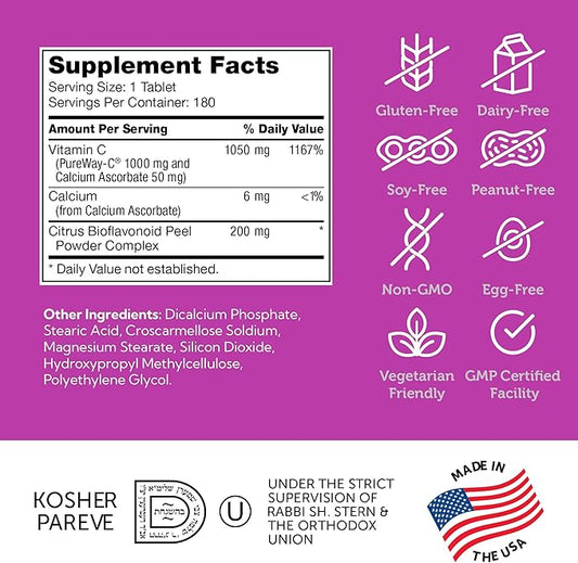 Zahler PureWay-C Vitamin C and Bioflavonoids, 1,000 mg, 180 Tablets