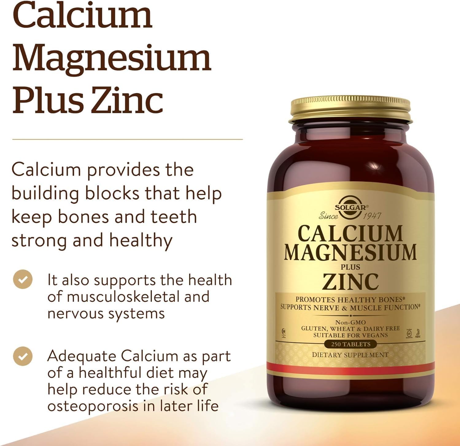 Solgar Calcium Magnesium Plus Zinc, 250 Tablets - Promotes Healthy Bones and Teeth - Supports Nerve & Muscle Function