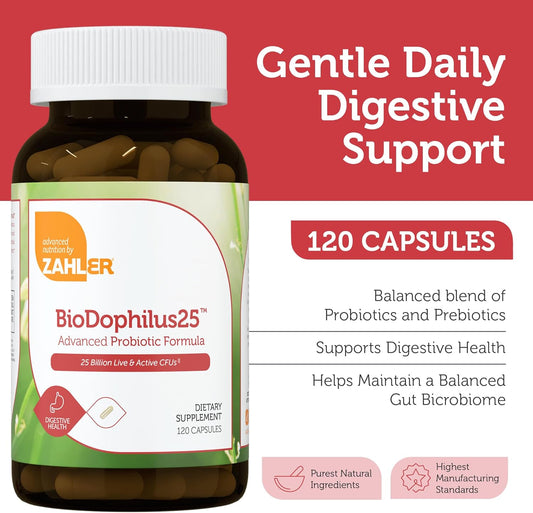 Zahler BioDophilus25, 25 Billion CFU Probiotic + Prebiotic - 11 Strains Daily Probiotic Supplement for Women for Digestive Health, Probiotics for Men for Gut Health (120 Capsules)