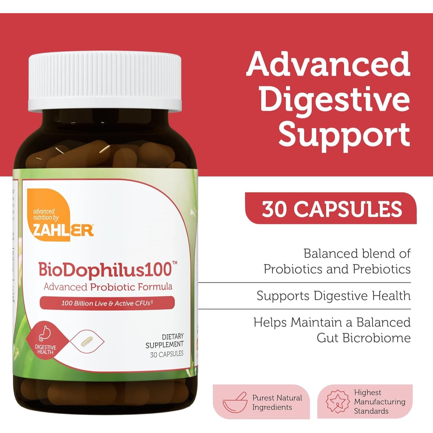 Zahler BioDophilus100-100 Billion Probiotic - 100 Billion CFU 11-Strain Gut Health Probiotic Supplement - Prebiotics/Probiotics for Digestive Health, Probiotics for Women and Men. (30 Ct)