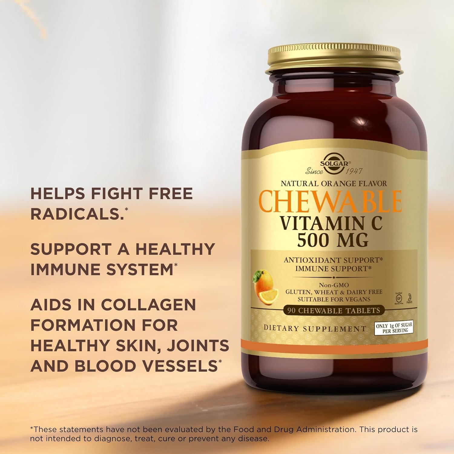 SOLGAR Chewable Vitamin C 500 mg, Orange Flavor - 90 Tablets - Antioxidant & Immune Support