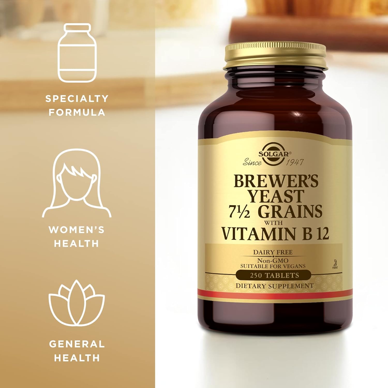 Solgar Brewer's Yeast 7 ½ Grains with Vitamin B12 - 250 Tablets - Non-GMO, Vegan, Dairy Free, Kosher - 41 Servings