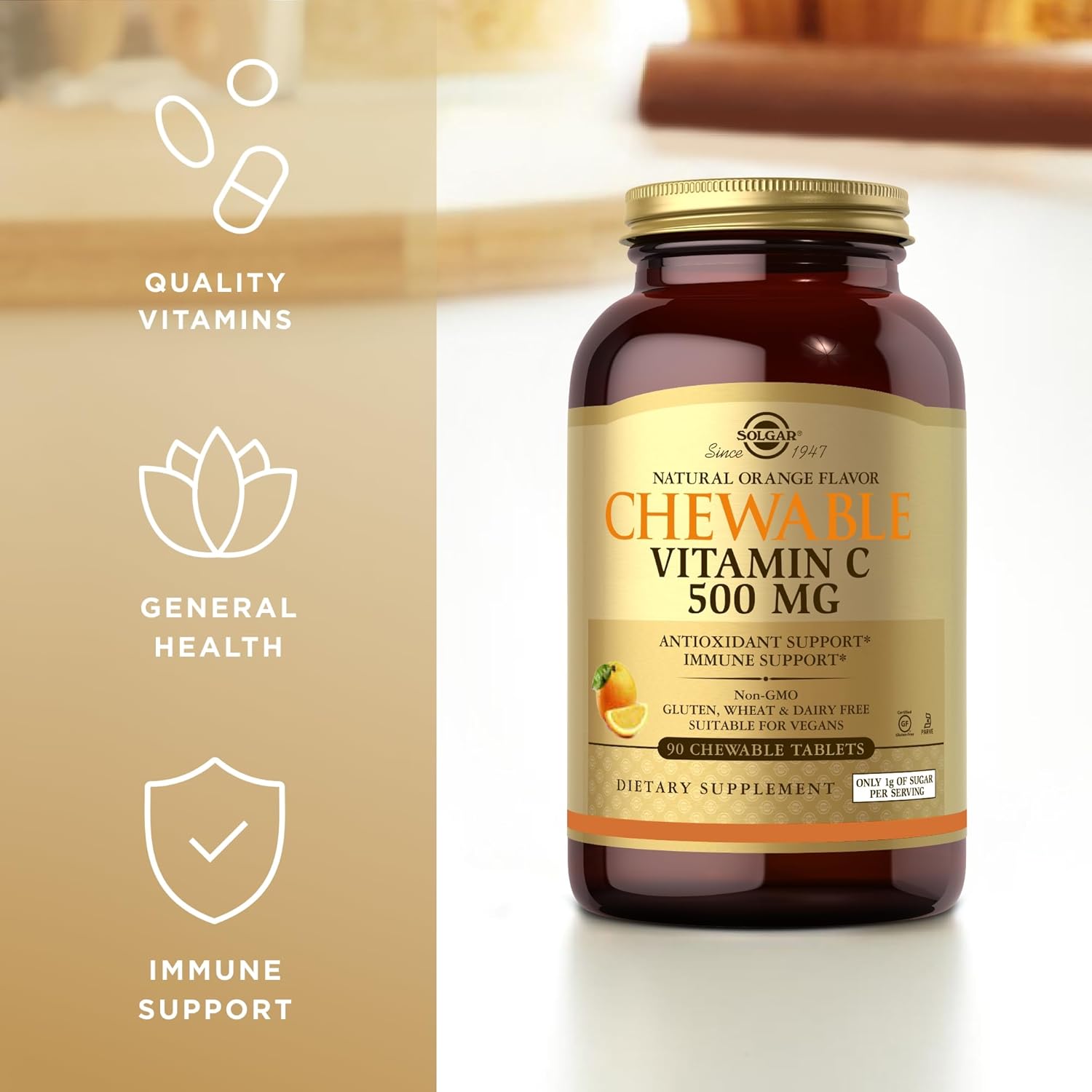 SOLGAR Chewable Vitamin C 500 mg, Orange Flavor - 90 Tablets - Antioxidant & Immune Support