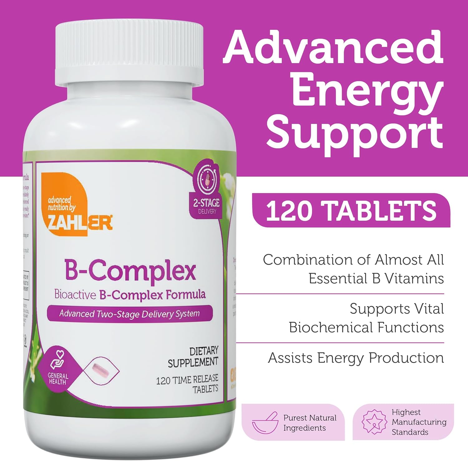 Zahler B-Complex Vitamins for Women & Men - Vitamin B Complex  Advanced 2-Stage Delivery System (120 Tablets)