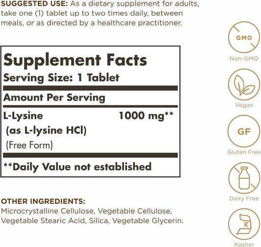 SOLGAR L-Lysine 1000 mg - 250 Tablets - Skin & Tissue Support