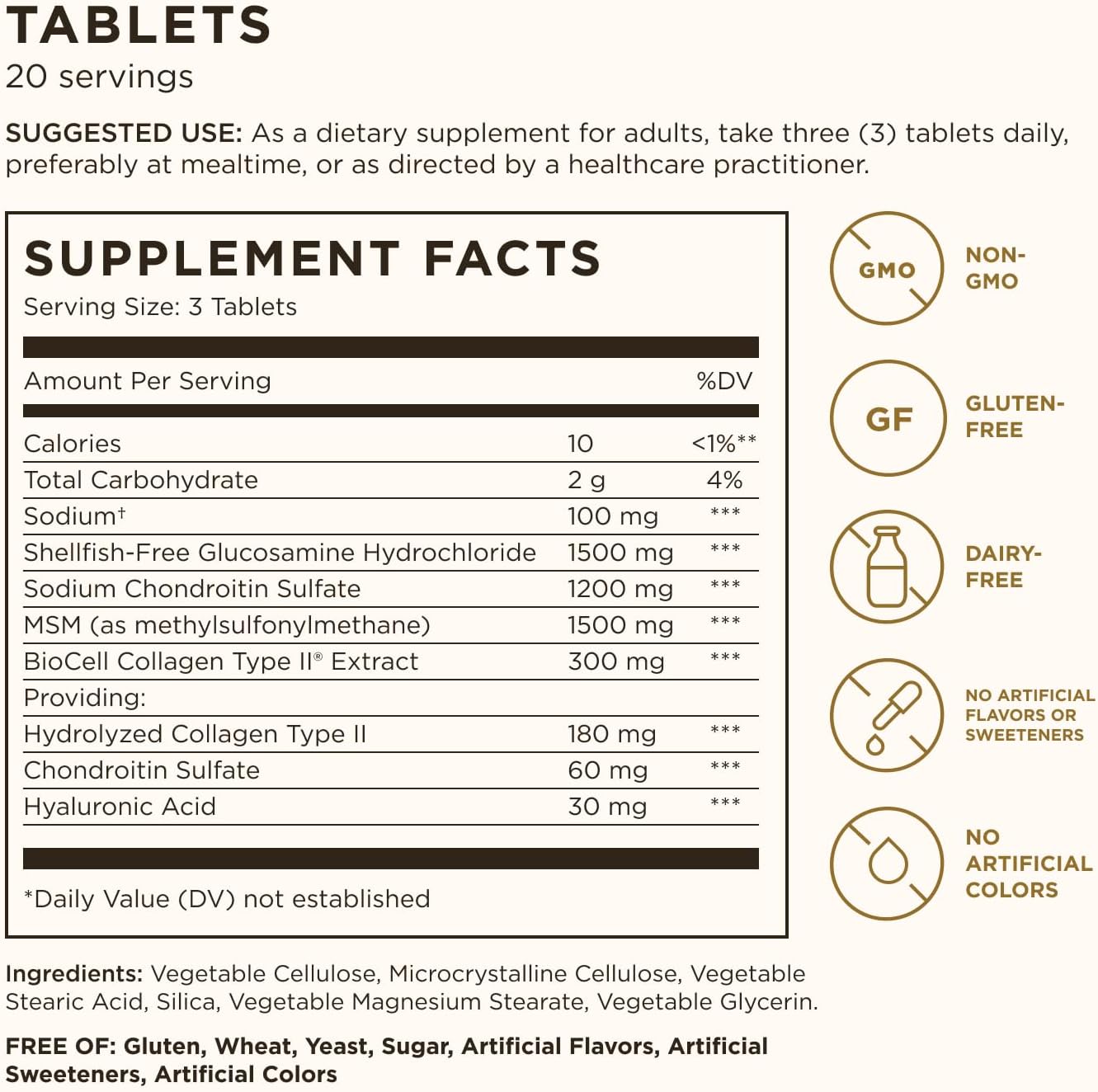 Solgar Glucosamine Hyaluronic Acid Chondroitin MSM (Shellfish-Free), 60 Tablets - Joint Support & Comfort - Supports Active Lifestyles