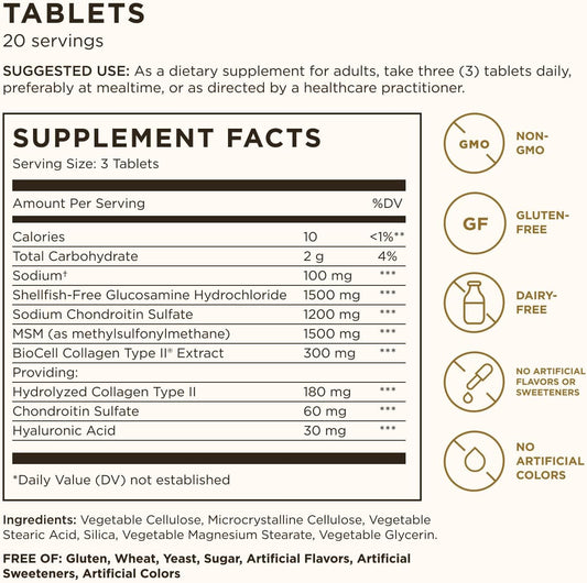 Solgar Glucosamine Hyaluronic Acid Chondroitin MSM (Shellfish-Free), 60 Tablets - Joint Support & Comfort - Supports Active Lifestyles