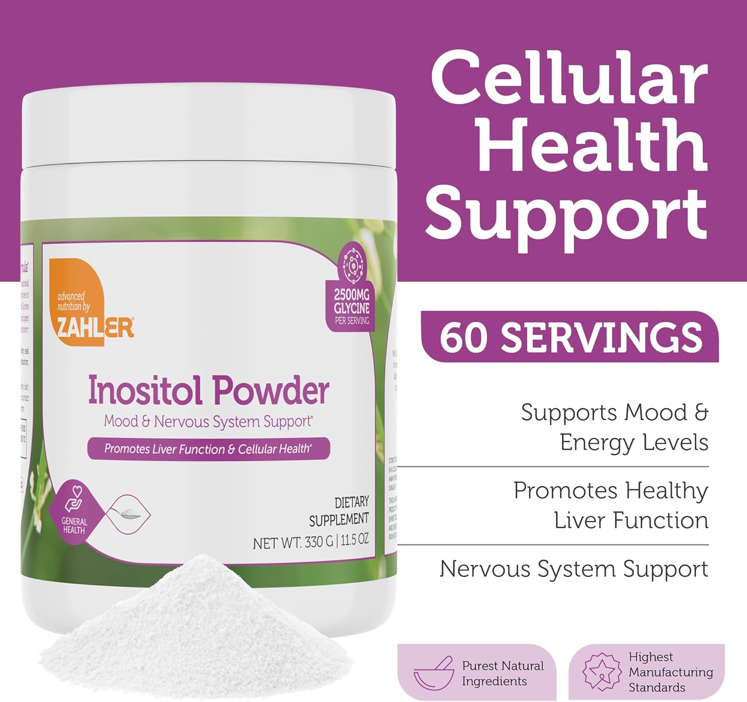 Zahler Inositol & Glycine Supplement Powder - Mood & Nervous System Support Supplements for Women - Hormone Balance & Healthy Ovarian Function -11.5 Oz