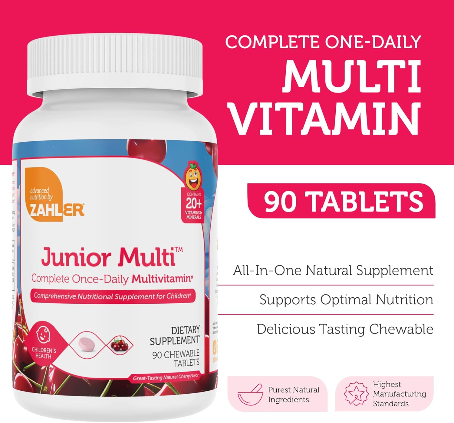 Zahler Kids Multivitamin Chewable Vitamin Tablet Contains 20+ Minerals & Vitamins for Kids & Toddlers-Cherry Flavor (90)