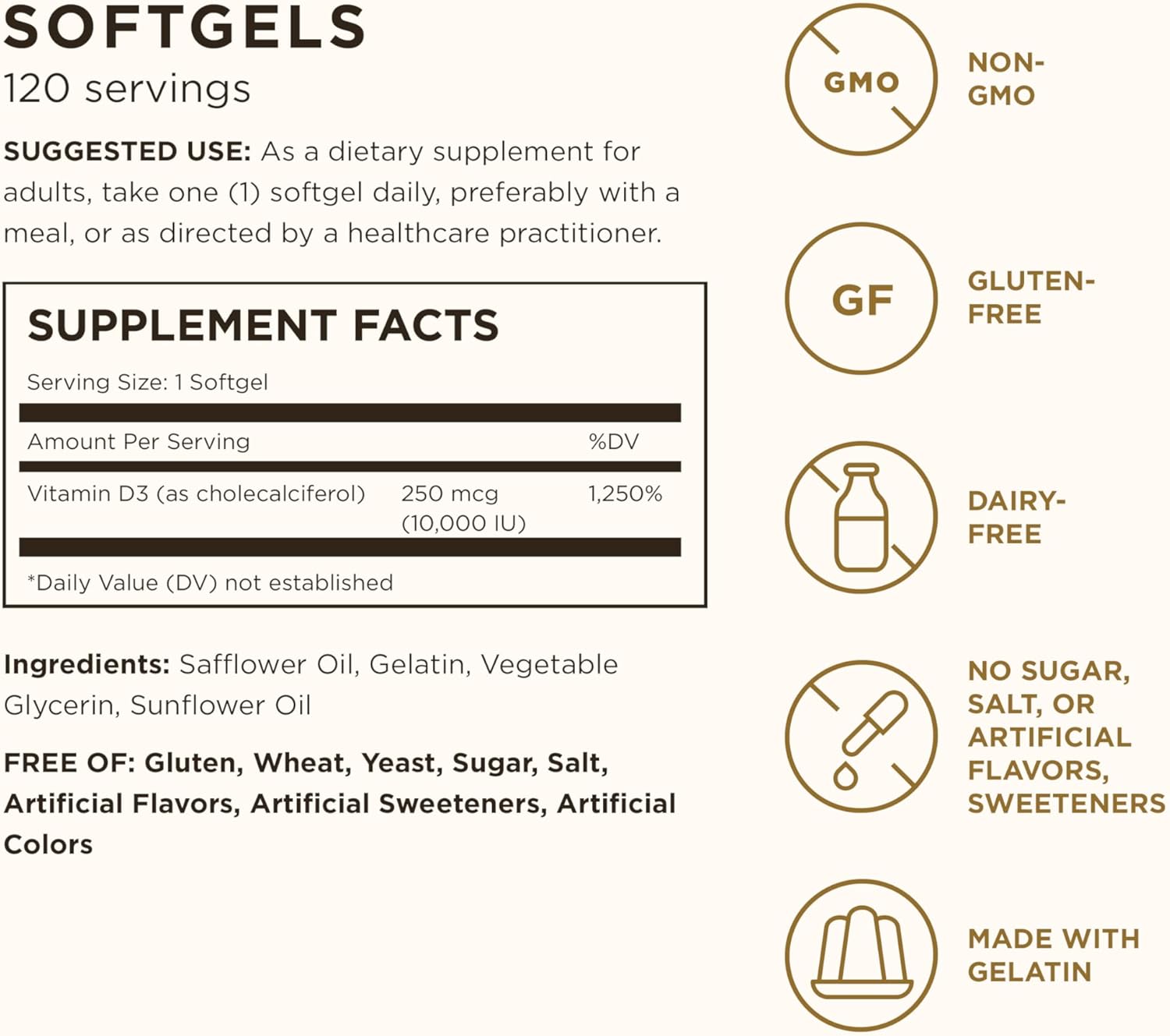 Solgar Vitamin D3 (Cholecalciferol) 250 MCG (10,000 IU), 120 Softgels - Helps Maintain Healthy Bones & Teeth - Immune System Support