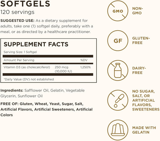 Solgar Vitamin D3 (Cholecalciferol) 250 MCG (10,000 IU), 120 Softgels - Helps Maintain Healthy Bones & Teeth - Immune System Support