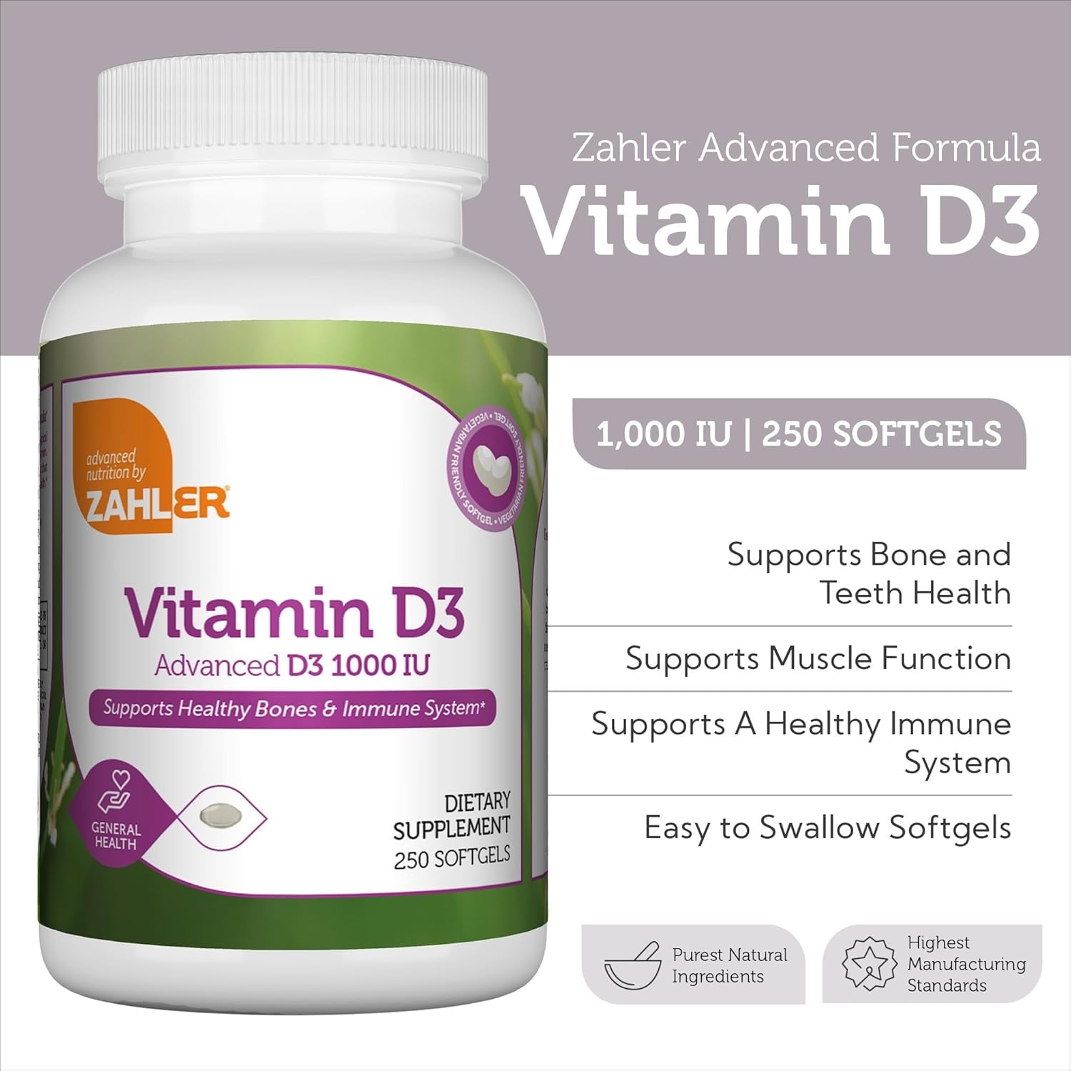 Zahler - Advanced Vitamin D3 1000 IU Softgels (250 Count) for Immune Support, Bone, Teeth & Muscle Health