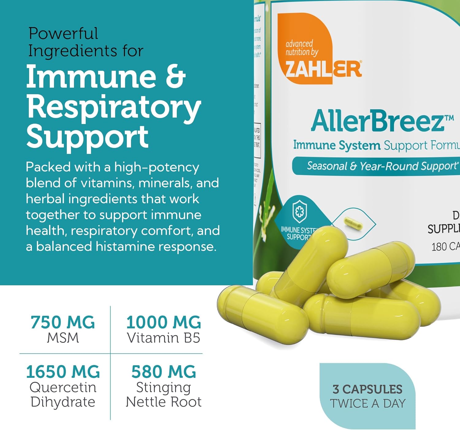 Zahler AllerBreez Immune System Support Formula with Vitamin C, Quercetin, Vitamin B5, MSM & Stinging Nettle (180 Capsules)