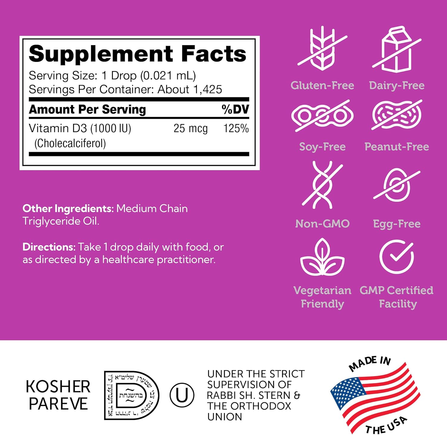 Zahler Liquid Vitamin D3 1000 IU Adult Supplement for Women & Men Vitamin D3 Drops (1 fl oz)